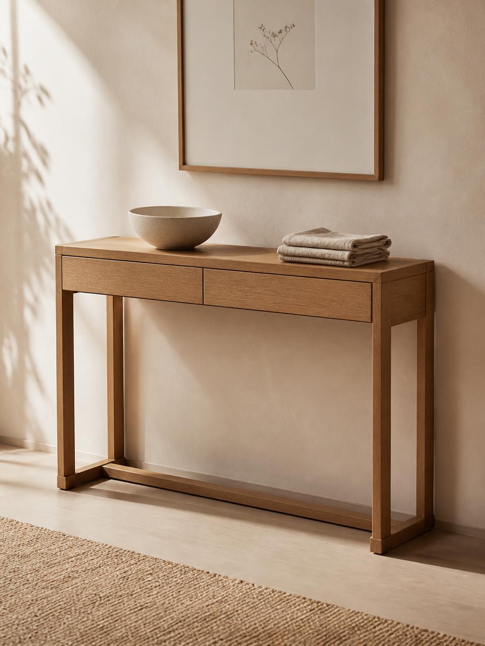 NIOLLO oak console table against a warm cream wall