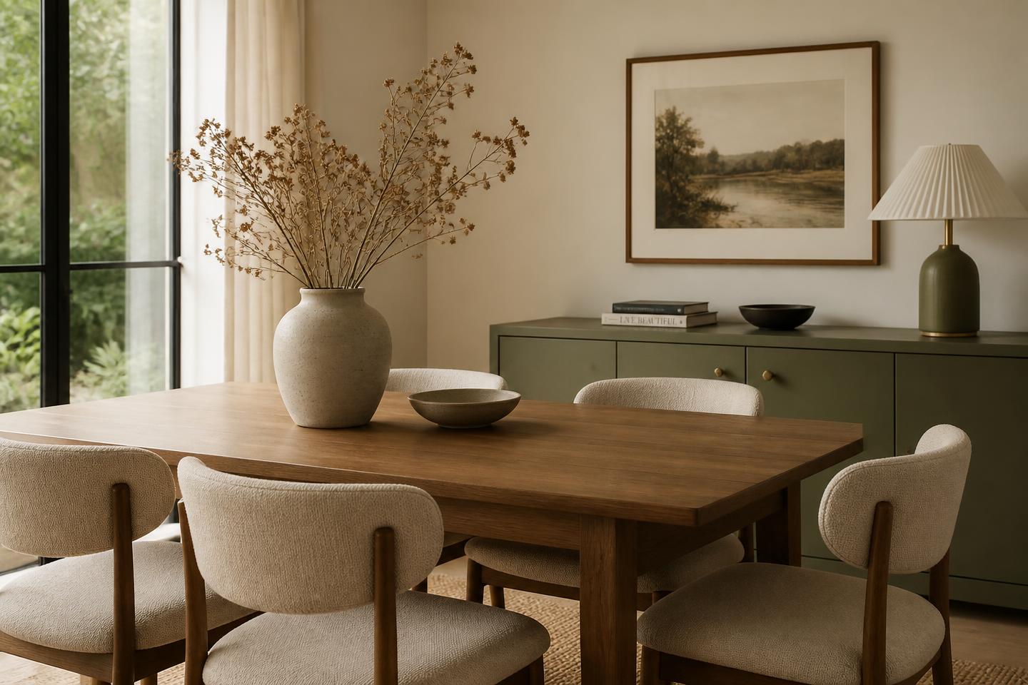 NIOLLO minimalist dining table in warm oak with linen chairs