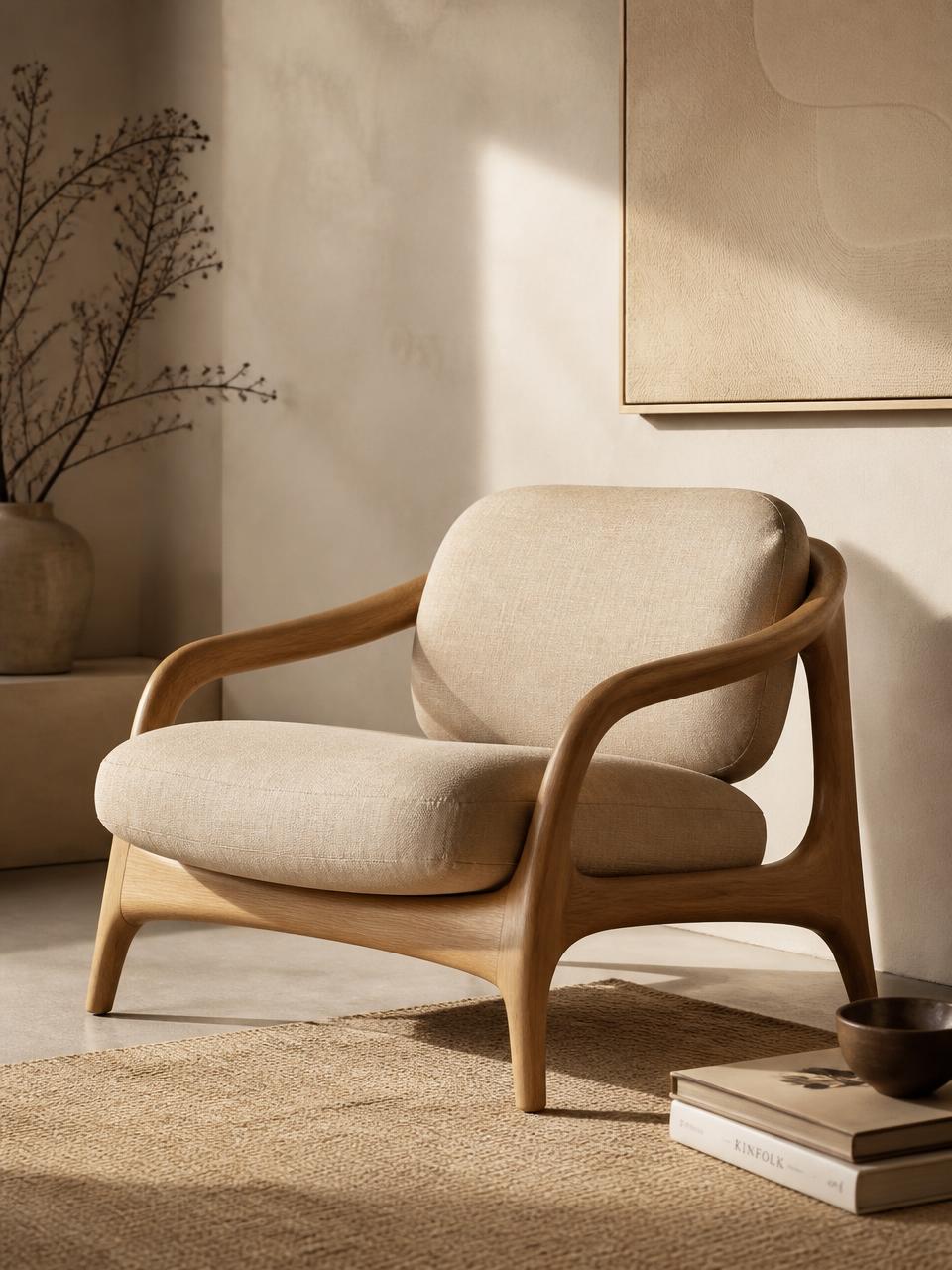 NIOLLO sculptural lounge chair in oatmeal linen with curved oak frame
